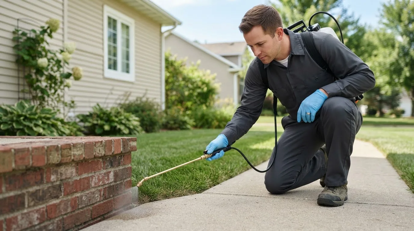 Pest control technician treating a home near Adams, OR