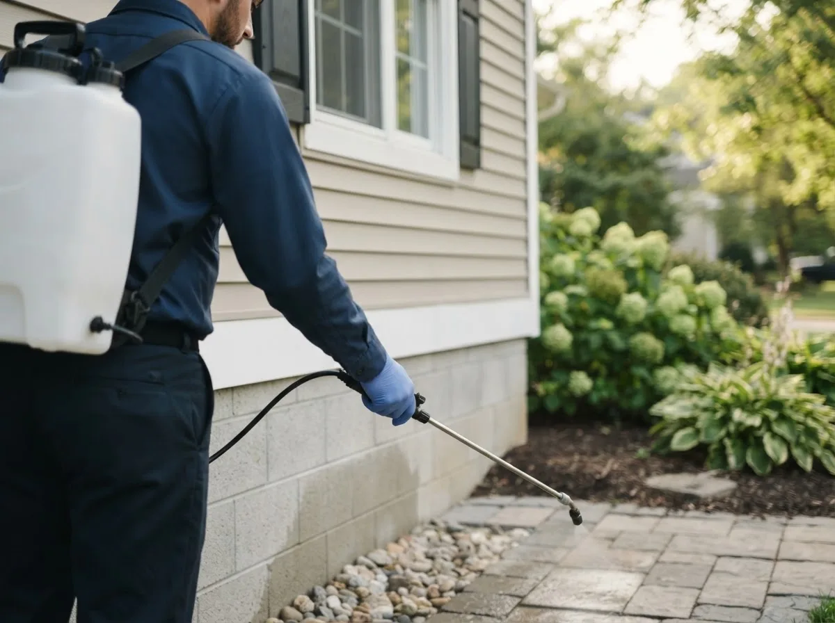 Pest control technician inspecting a home in Adams, OR